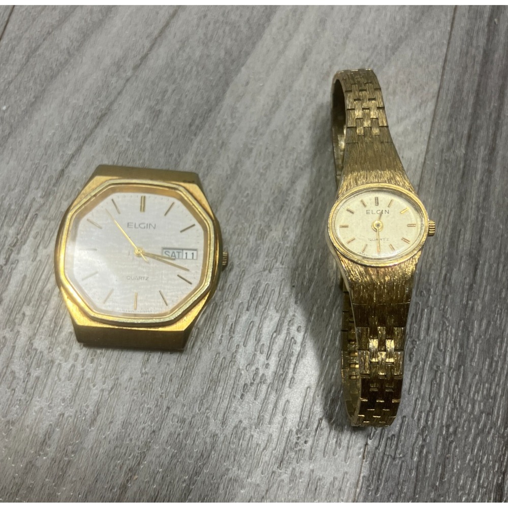 Lot of 2 Vintage Mens Elgin‎ Wristwatch #FD034WA Brushed Gold Plated Untested